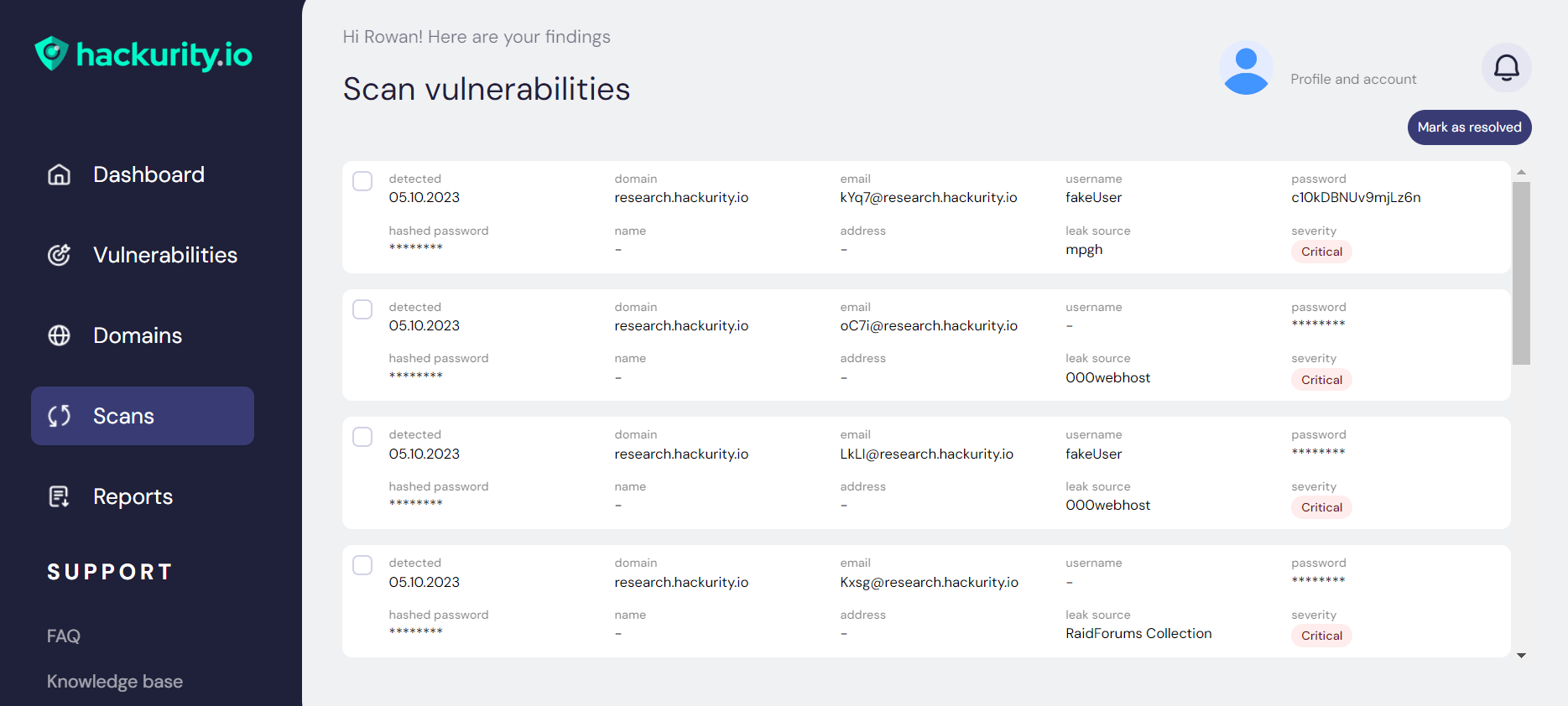 A screenshot of the Hackurity portal scan vulnerabilities